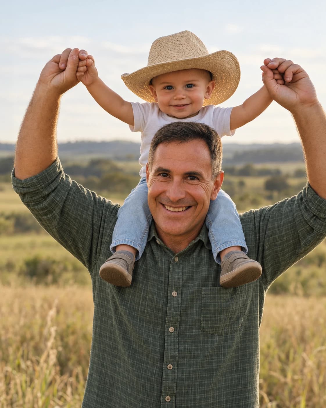 Pai com o filho nos ombros no campo, à luz do fim da tarde